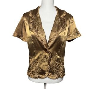 MOA USA Satin Embroidered Ruffle Blazer L Bronze Gold Excellent Y2K Glam